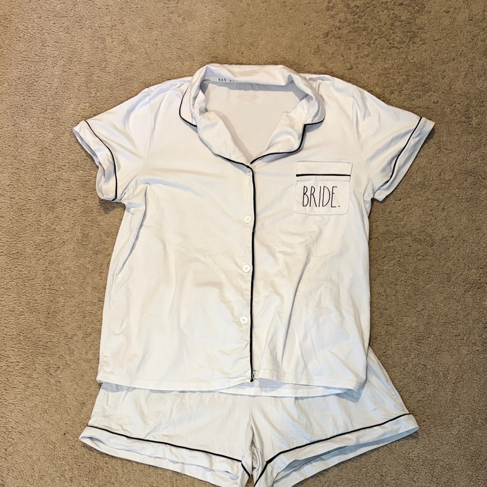 Rae Dunn White Bride Pajama Set with Black Trim